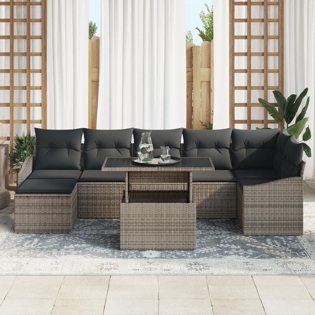 Conjunto de Sofá de Jardim de 8 Peças com Almofadas Cinzas em Rattan P