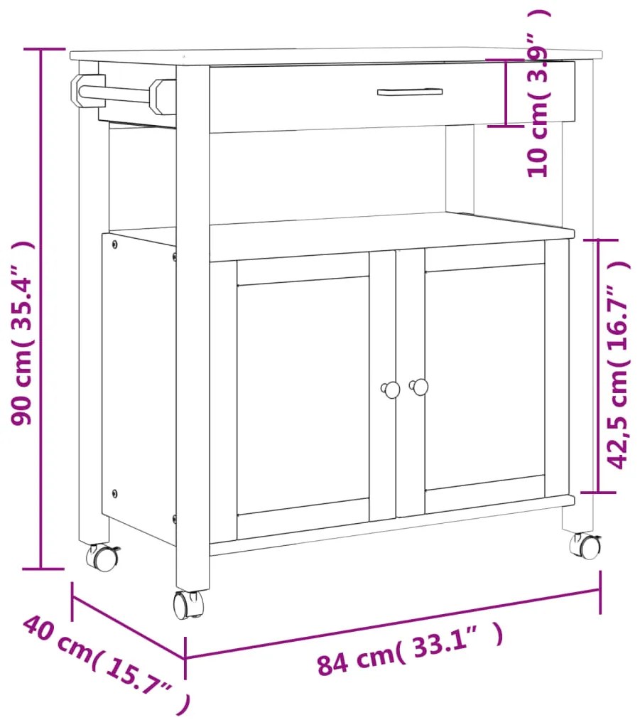 Carrinho de cozinha MONZA 84x40x90 cm madeira de pinho maciça