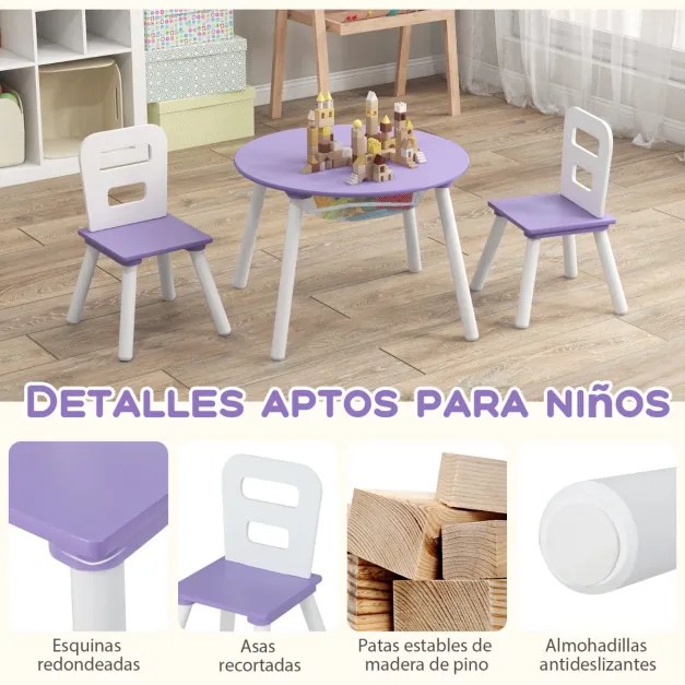 Conjunto de mesa e cadeira redonda para crianças Conjunto de 3 peças com mesa de actividades em madeira e centro de rede Acessórios de decoração roxo
