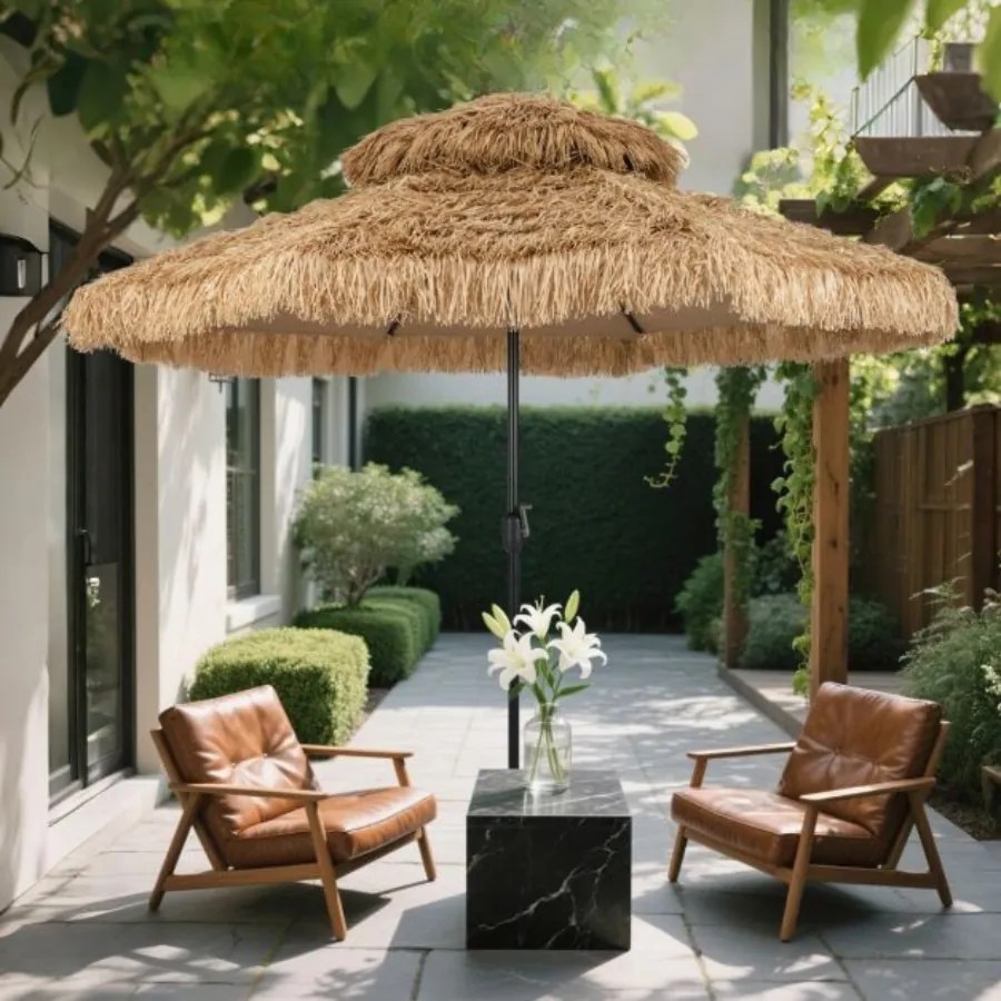 Guarda-sol Tiki 299 cm de praia estilo havaiano com manivela Ajuste fácil da inclinação Tampa ventilada 8 varas Natural+Preto