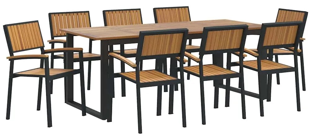 Conjunto de Jantar de Jardim de 9 Peças em Aço Preto e Madeira Sólida