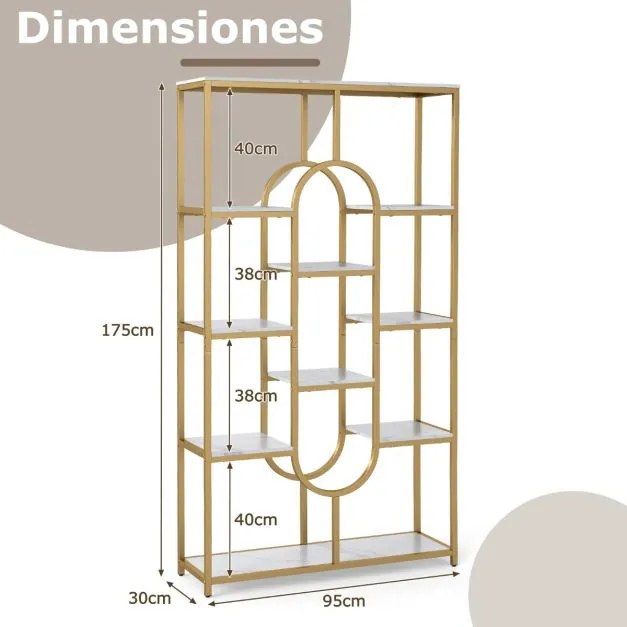 Estante de 5 níveis 95 x 30 x 175 cm com Prateleiras Abertas com Forma Ovalada Moldura Branca e Dourada