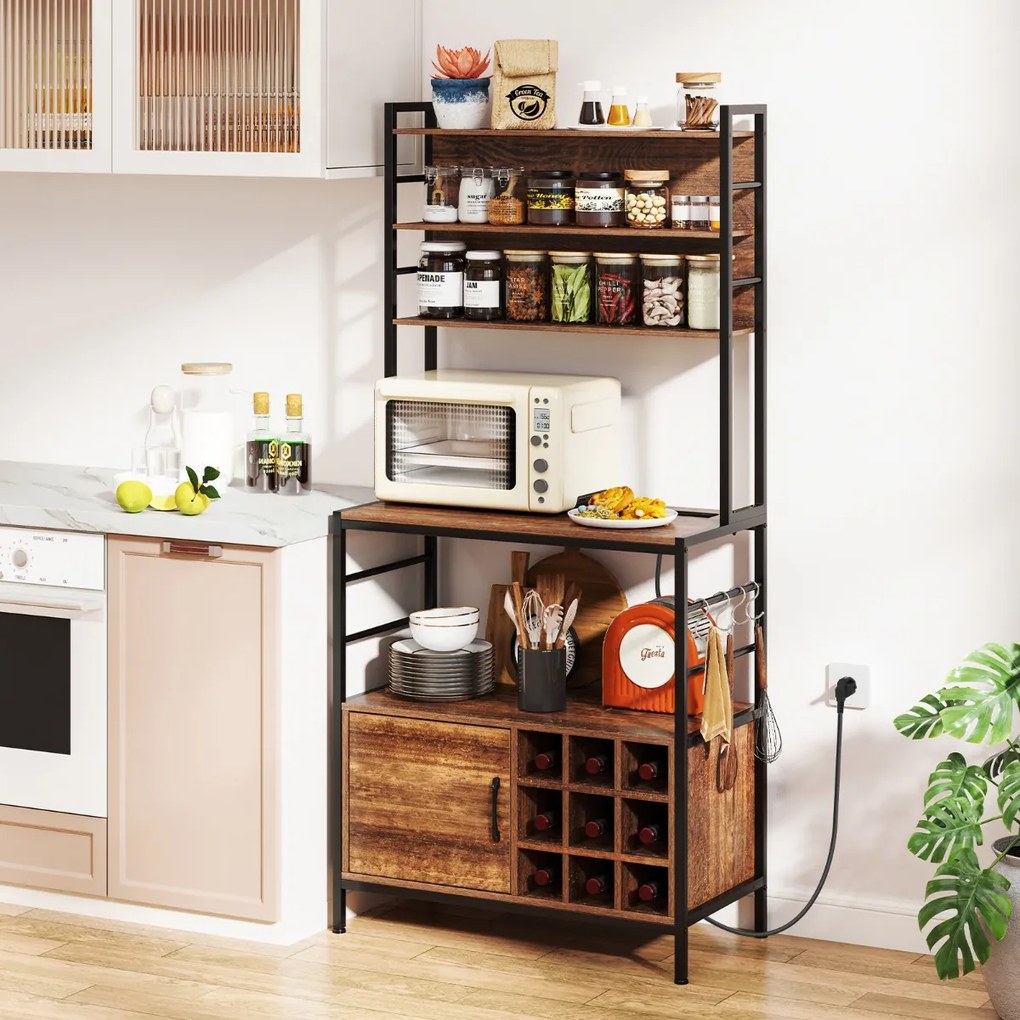 Armario de cozinha 80 x 40 x 170 cm com 2 tomada e 2 portas USB, com ganchos e prateleiras para garrafas de vinho 80 x 40 x 170 cm Castanho