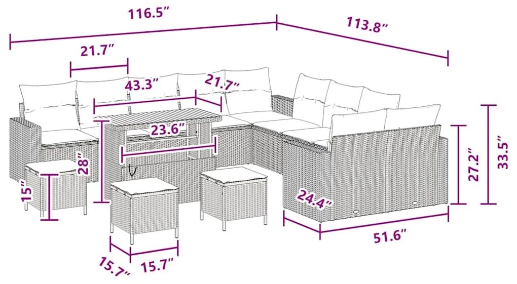 Conjunto de Sofá de Jardim de 14 Peças com Almofadas Pretas em Rattan