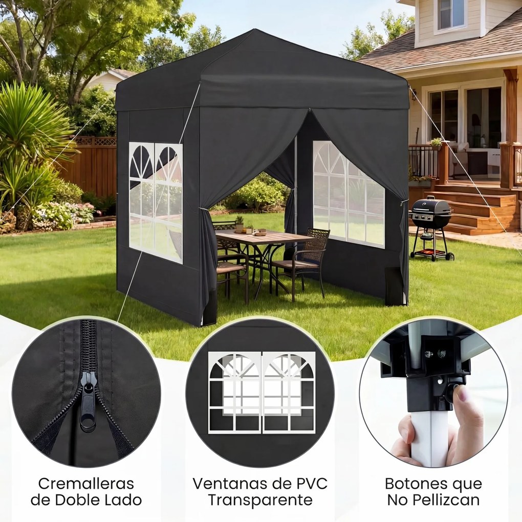 Tenda dobrável 194 x 194 cm, com 4 paredes laterais, 3 alturas ajustáveis, e 4 sacos de areia, 8 estacas, Preta