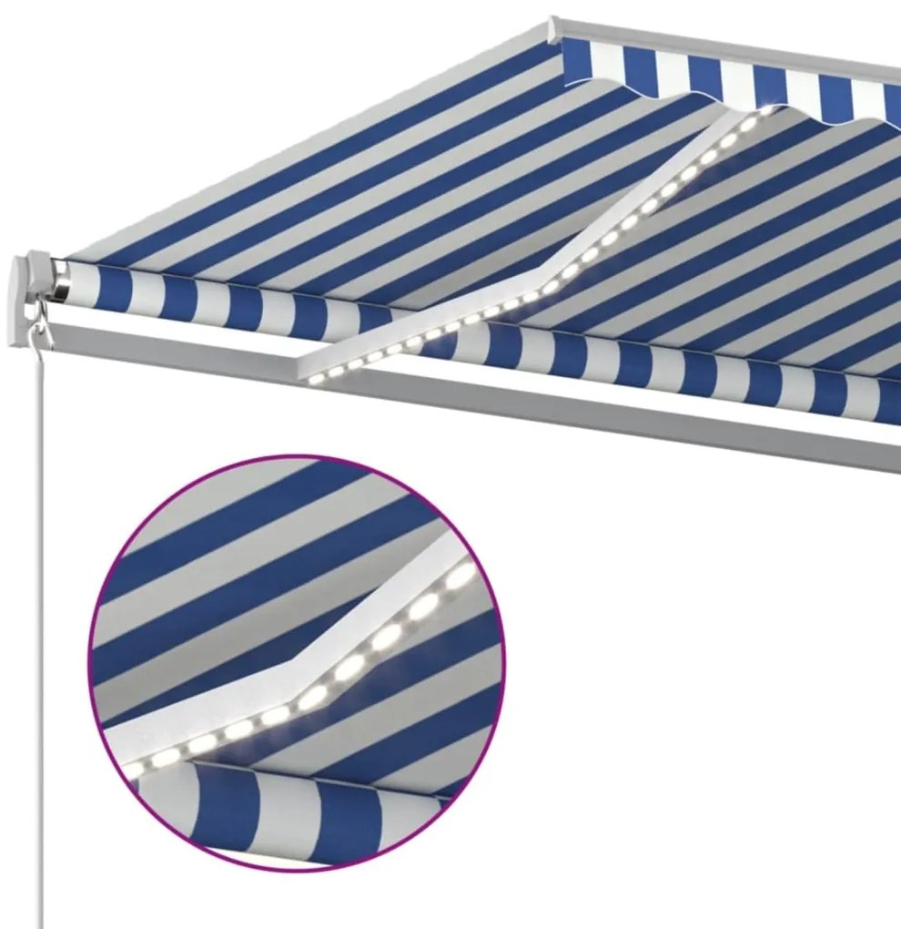 Toldo retrátil manual com LED 400x350 cm azul e branco