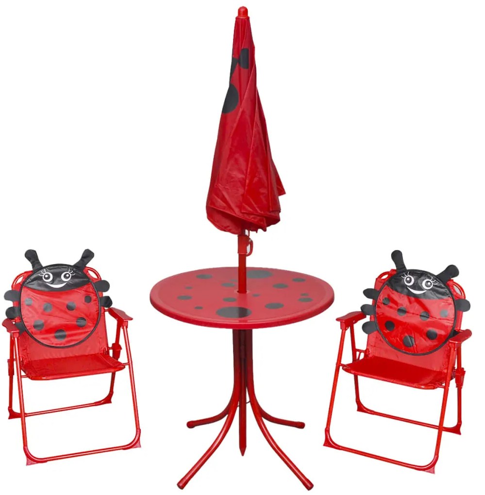 3 pcs conjunto bistrô de jardim infantil c/ guarda-sol vermelho