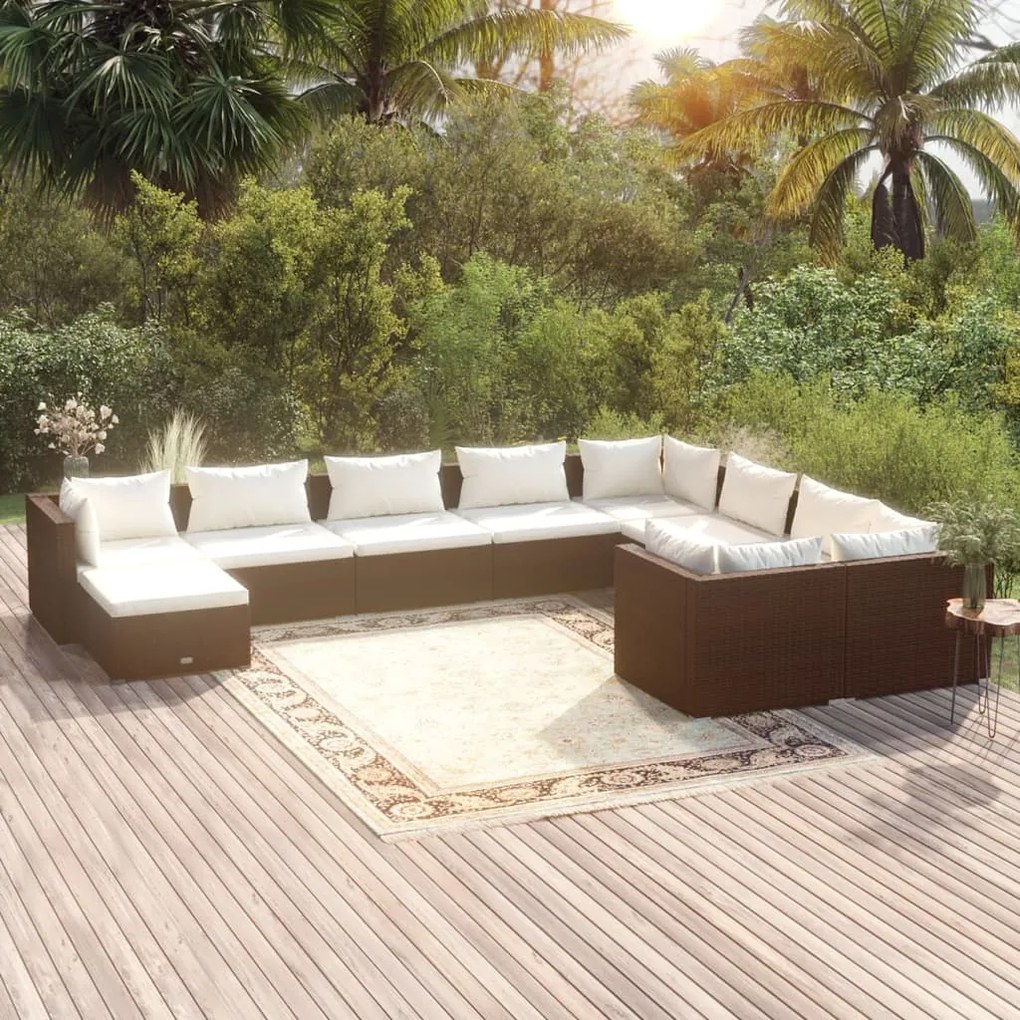 vidaXL 10 pcs conjunto lounge jardim c/ almofadões vime PE castanho