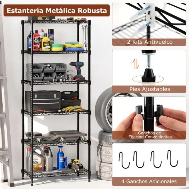 Estante metálica com 6 níveis ajustáveis 59 x 34 x 150 cm com grelha de arame com capacidade para 408 kg, para casa, cozinha, garagem e escritório Pre