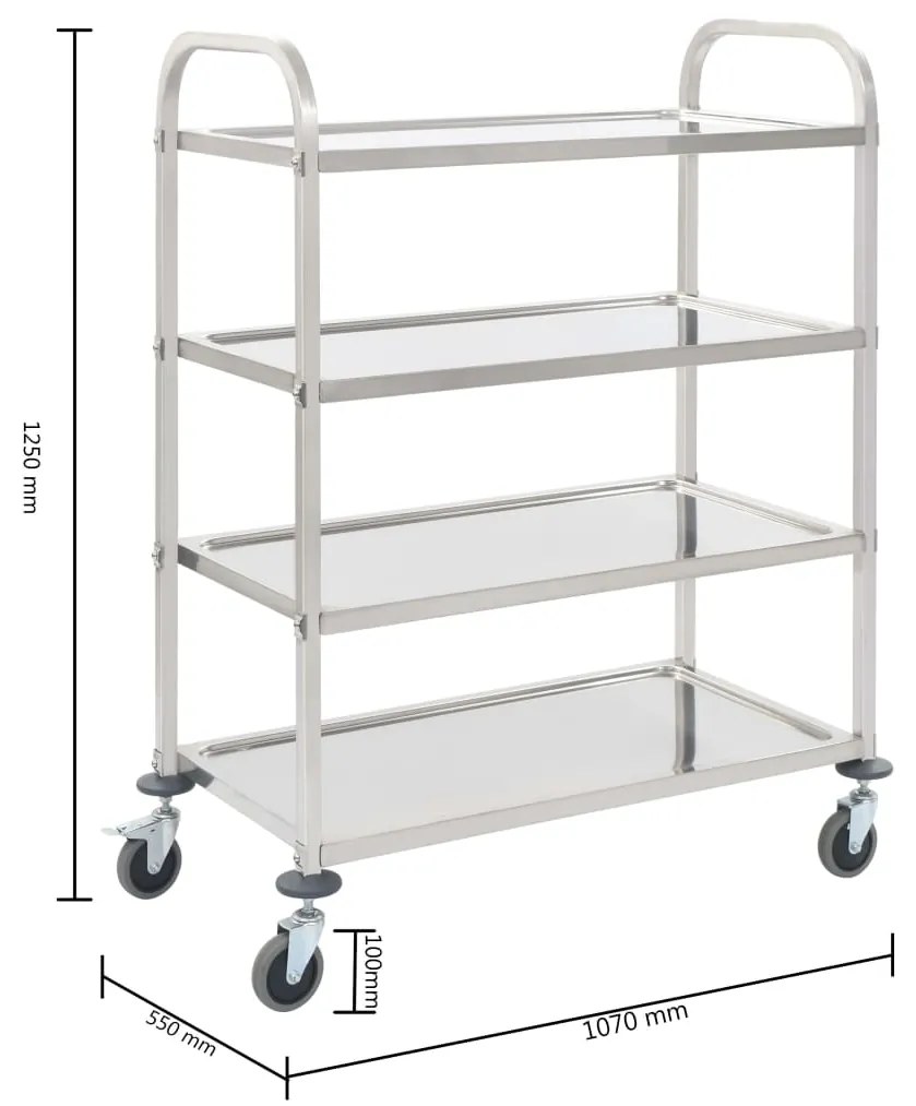 Carrinho de cozinha de 4 níveis 107x55x125 cm aço inoxidável