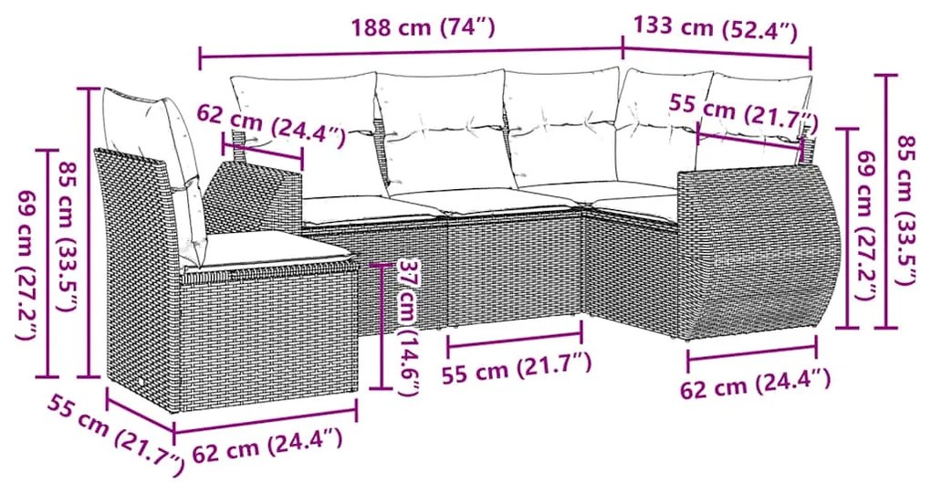 5 pcs conj. sofás jardim c/ almofadões vime PE cinzento-claro
