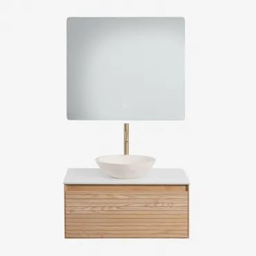 Conjunto De Móvel De Casa De Banho Suspenso 80x50 Cm Em Madeira De Freixo Tedrik Castanho Fresno & Cimento Redondo Branco Ø40 Cm Zavion - Sklum