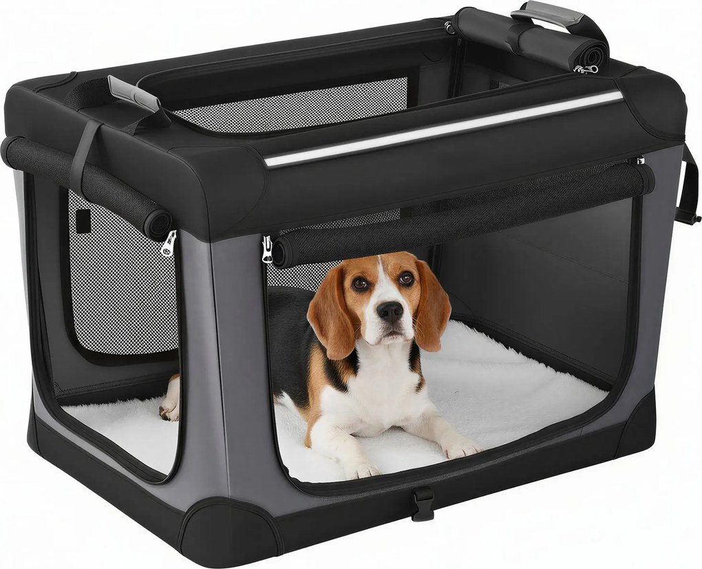 Caixa de transporte para cães pequenos, bolsa dobrável para cães com portas e bolsos em tecido de malha, viagens 60 x 42 x 42 cm preto