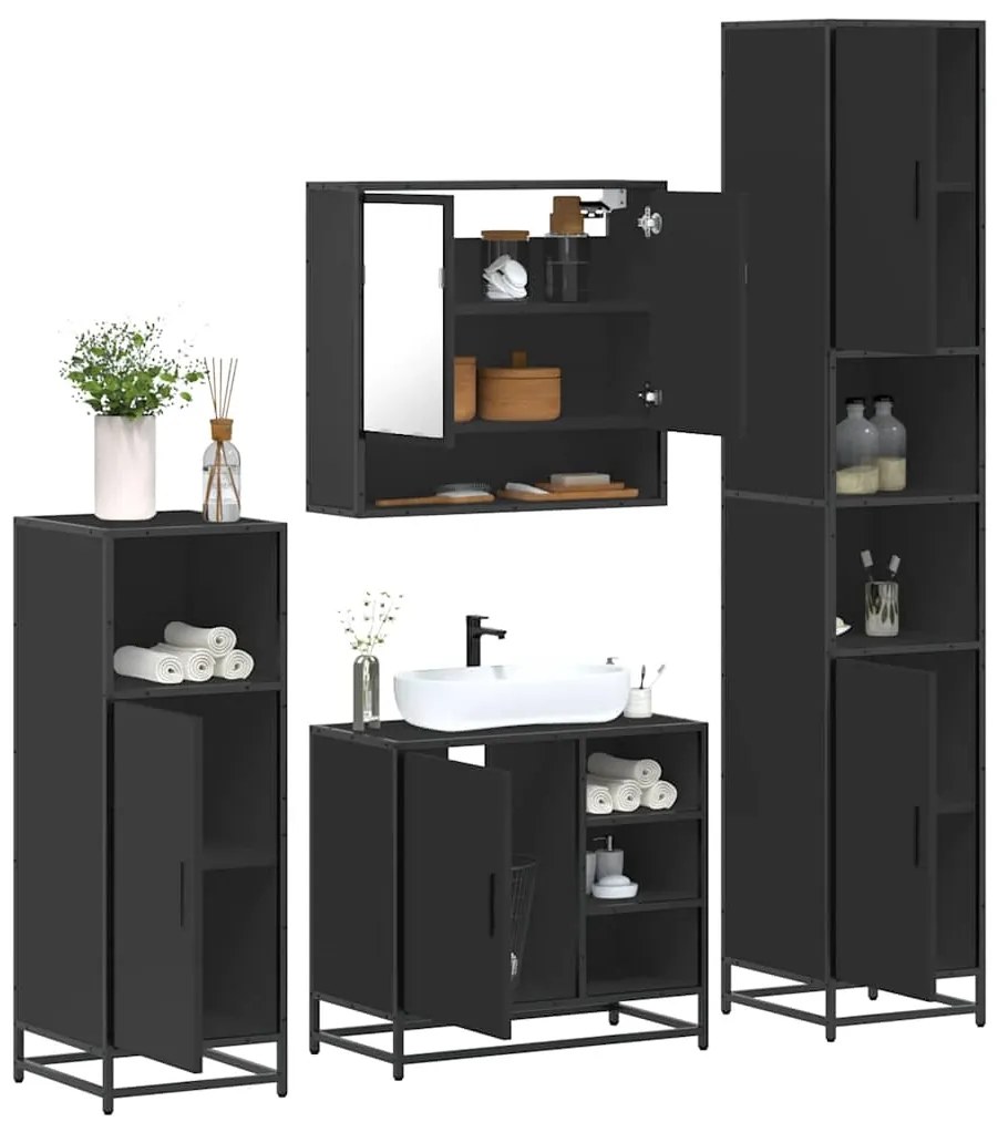 vidaXL 4 pcs conjunto móveis casa de banho derivados de madeira preto