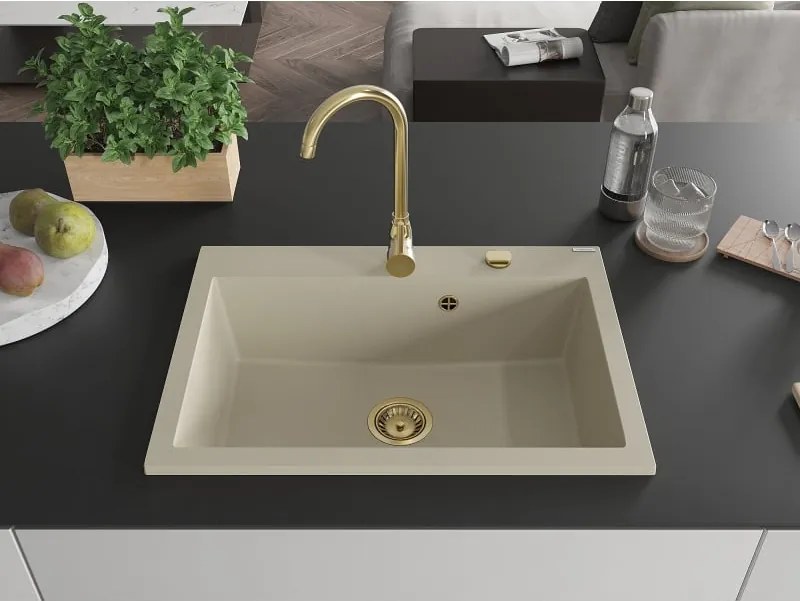 Mexen Elix lavatório de cozinha em granito de 1 cuba 700 x 500 mm, bege, sifão dourado - 6526701005-69-G