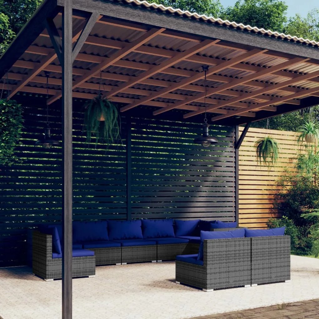 vidaXL 9 pcs conjunto lounge de jardim c/ almofadões vime PE cinza
