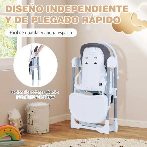 Cadeira alta dobrável para bebés portátil dobrável para bebés e crianças com altura ajustável Encosto reclinável Apoio para os pés Arnês cinzento escu