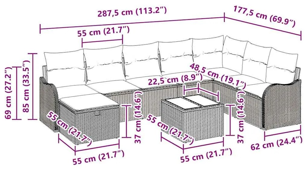 Conjunto de Sofá Modular para Jardim vidaXL de 9 Peças com Almofadas C