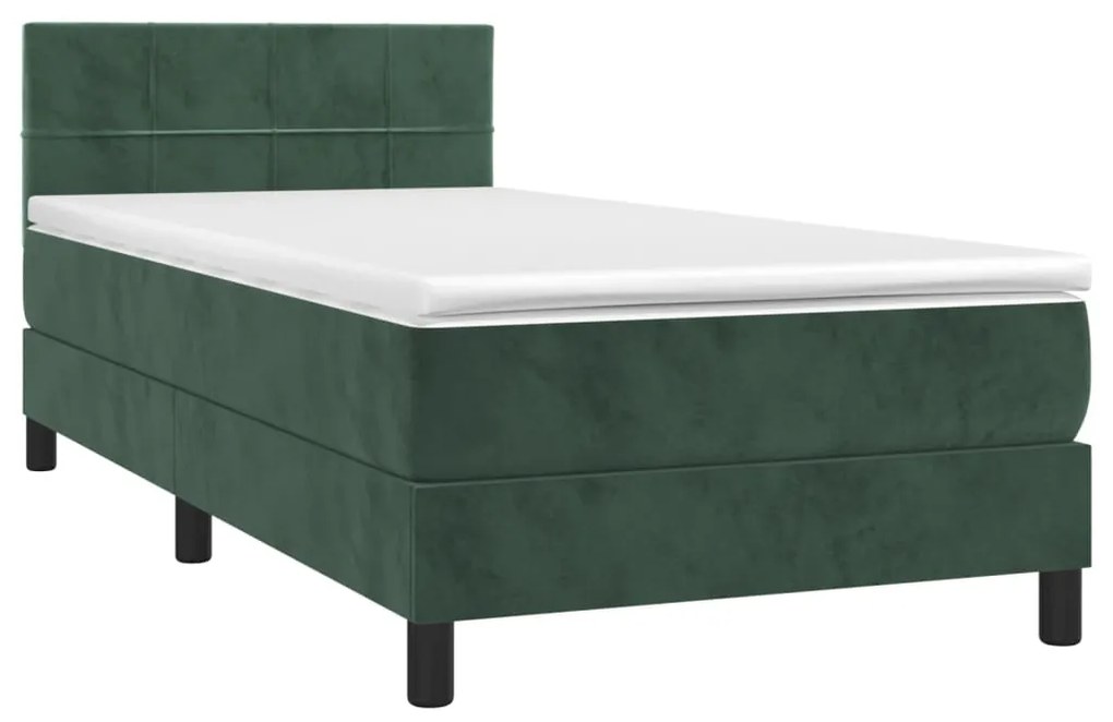 Cama box spring c/ colchão/LED 80x200 cm veludo verde-escuro