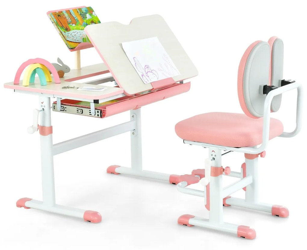 Conjunto de secretária e cadeira para crianças Mesa de estudo ajustável em altura com cadeira ergonómica Rosa