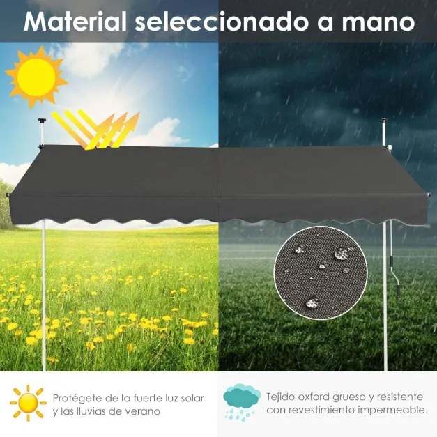 Toldo para terraço exterior 350 x 125 cm ajustável em altura 2-3 m com manivela manual e toldo manual resistente às intempéries para jardim e varanda