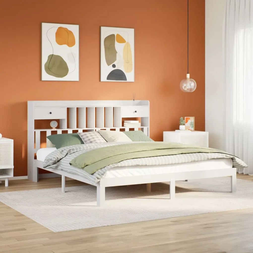 vidaXL Cama com estante sem colchão 200x200 cm pinho maciço branco