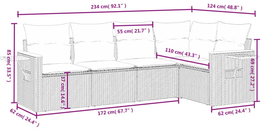 5 pcs conjunto sofás de jardim c/ almofadões vime PE cinzento