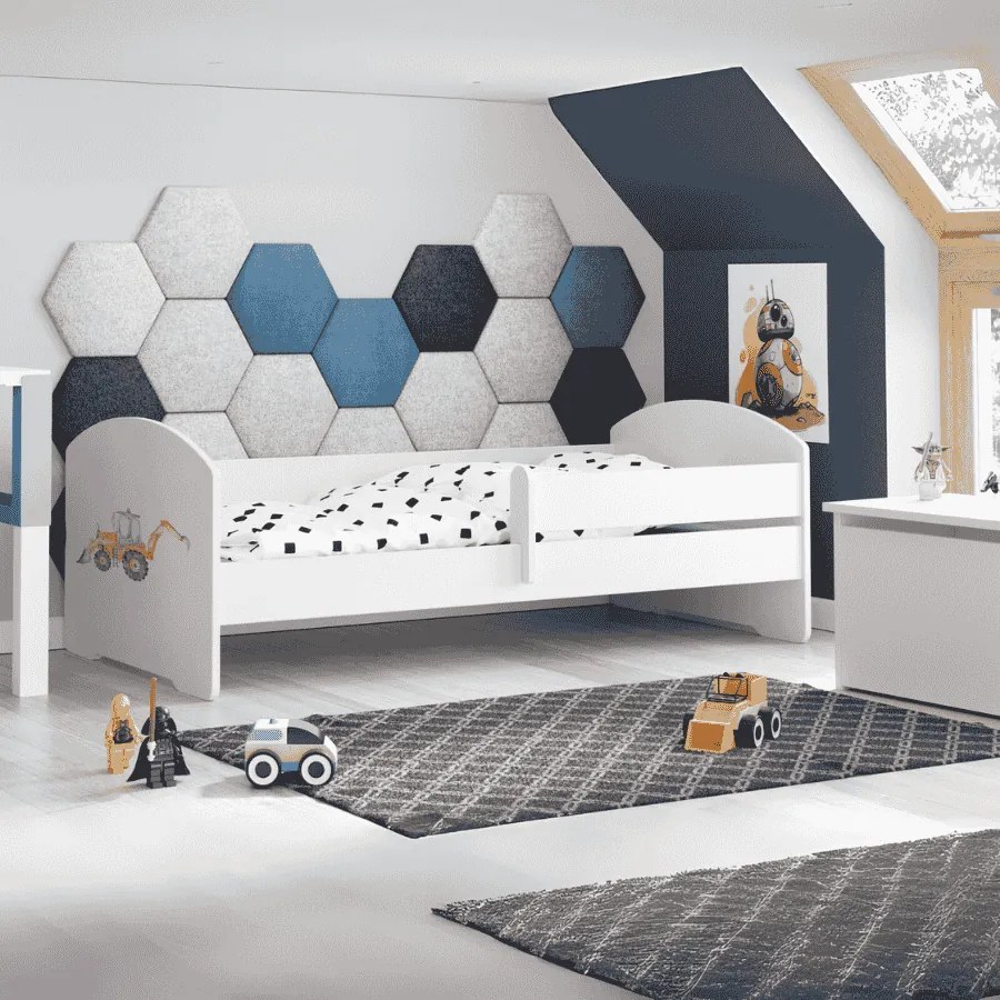 Cama infantil escavadora branca LUK 160x80 com grades - colchão e estrado incluído