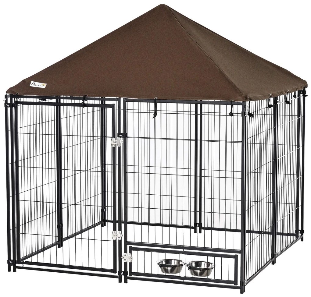 PawHut Parque para Cães com Toldo Suporte Giratório 2 Tigelas Incluída