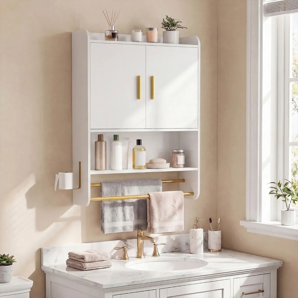 Armário para casa de banho parede, 55 x 20 x 80 cm, com portas, prateleira ajustável e barra para pendurar Branco
