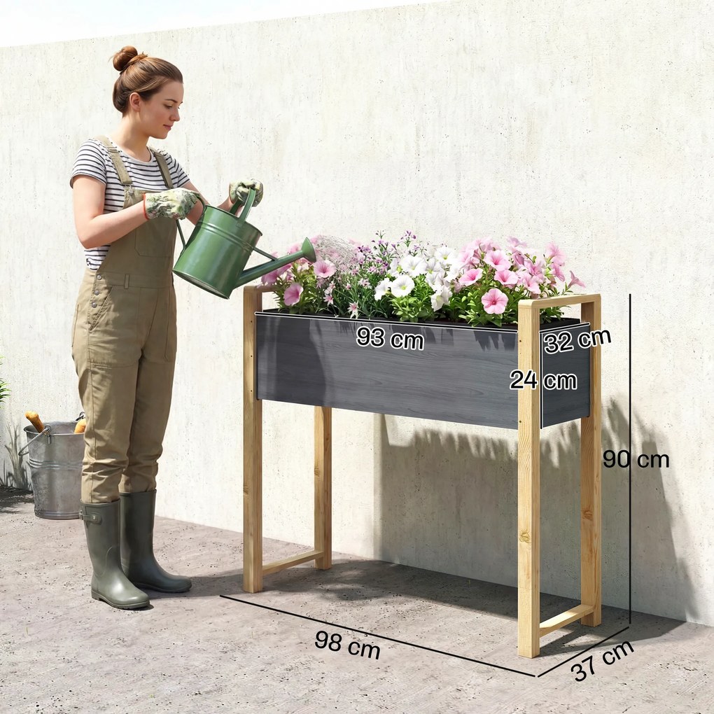 Floreira com pés 98 x 37 x 90 cm, floreira elevada com 4 orifícios de drenagem e tecido não tecido, cinzento