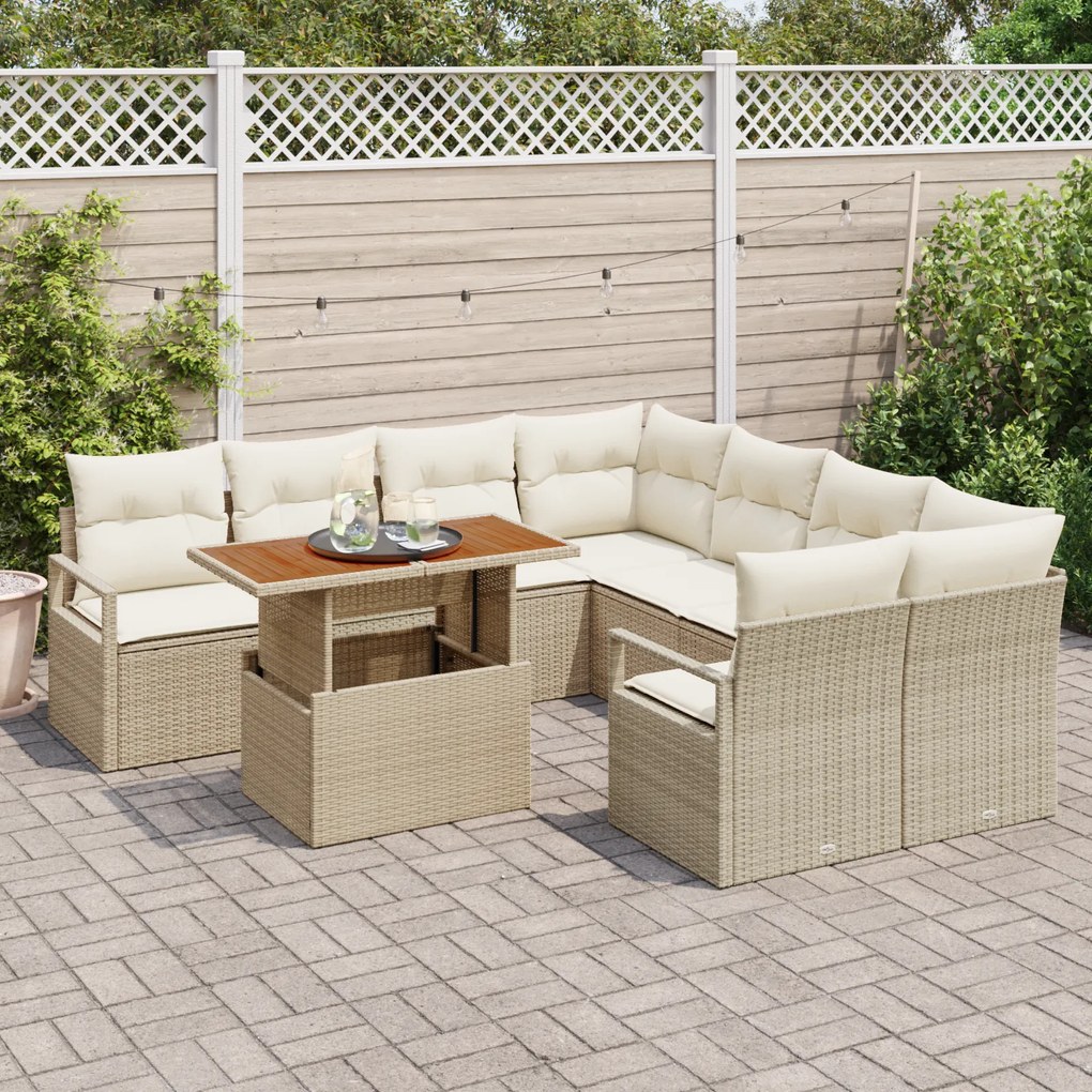 Conjunto de Sofá de Jardim de 9 Peças com Almofadas Bege de Rattan Pol