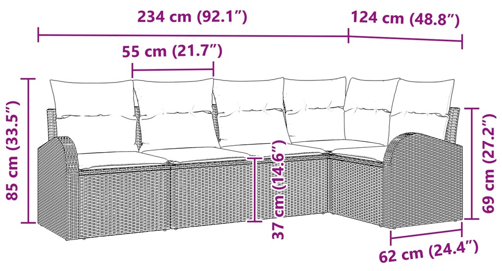 Conjunto de Sofá de Jardim de 5 Peças com Almofadas Cinza Claro Poli R