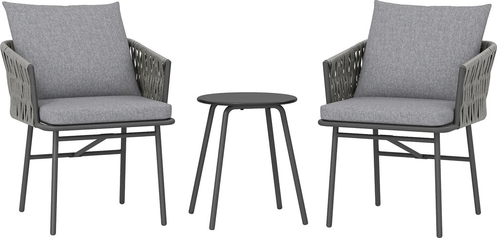 Outsunny Conjunto de móveis exteriores 3 peças, 2 cadeiras, 1 mesa, conjunto bistrô, rattan sintético, estrutura de aço, mesa metálica, 4 almofadas, cinza | Aosom Portugal