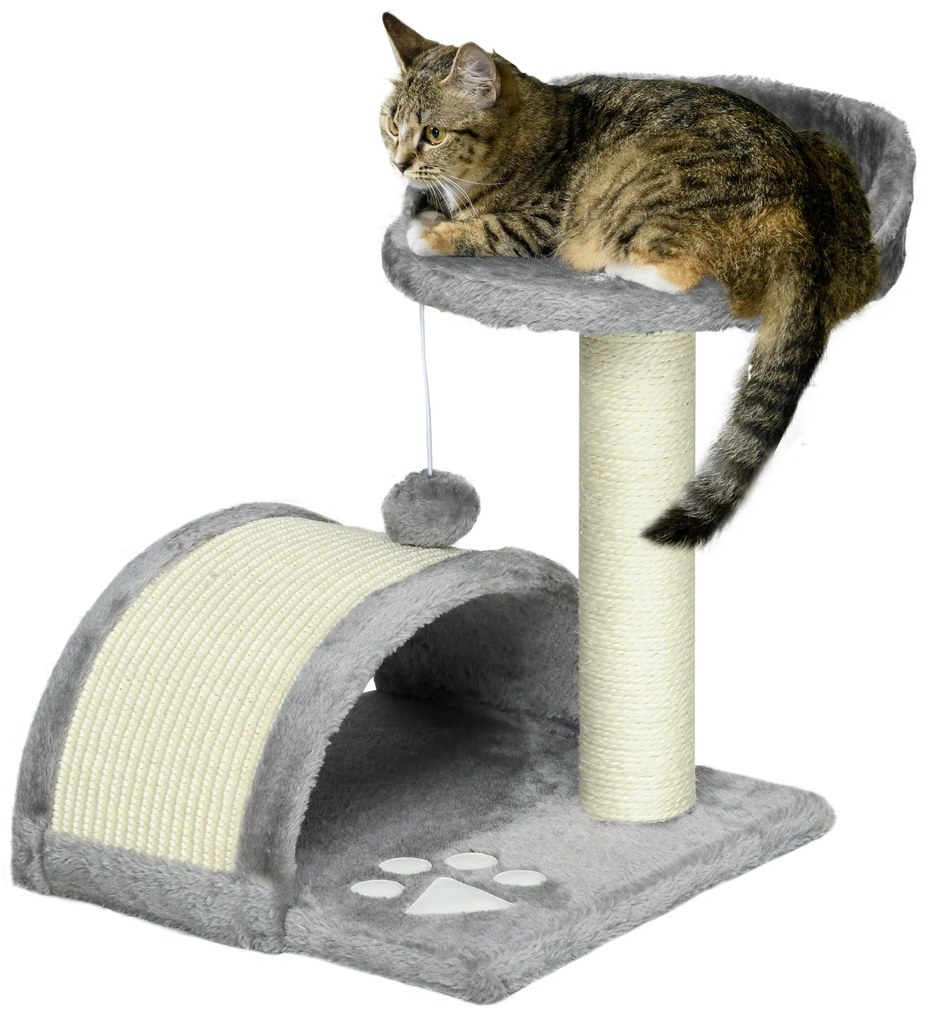 PawHut Arranhador Gatos 2 Níveis Poste Tapete Cama Bola Suspensa Confortável 35,5x37x46 cm Cinza Ideal para Brincar