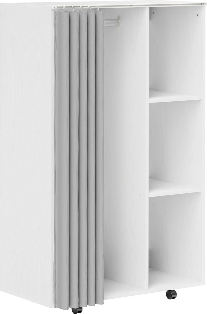 HOMCOM Roupeiro com Rodas, Cortina, Barra para Pendurar Roupa e 3 Prateleiras Abertas para Quarto, 80x40x128 cm, Branco | Aosom Portugal