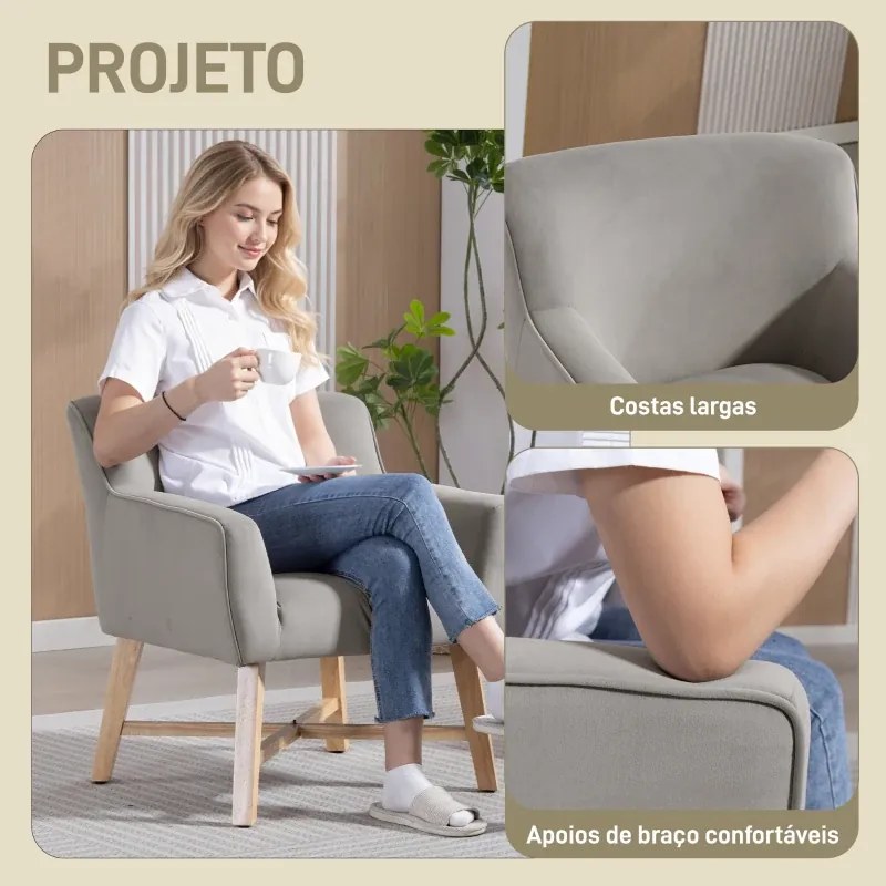 Poltrona de Sala de Estar Poltrona Relax Moderna com Apoio para os Braços Acolchoados Pés de Madeira 67x65x74 cm Cinzento