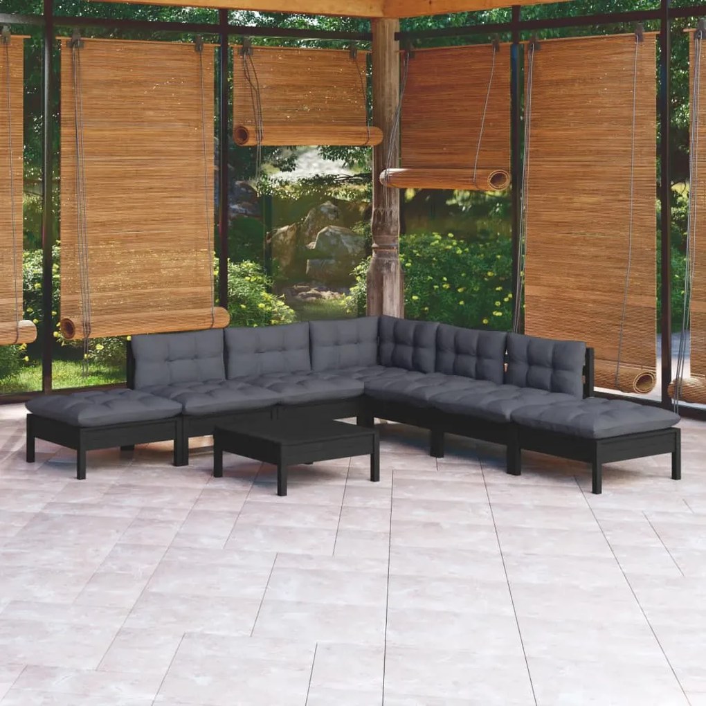 vidaXL 8 pcs conjunto lounge de jardim c/ almofadões pinho preto