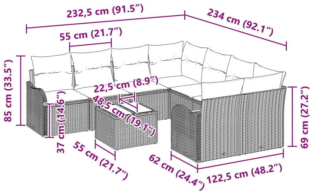 Conjunto de Sofá de Jardim vidaXL de 9 Peças com Almofadas Rattan Poli