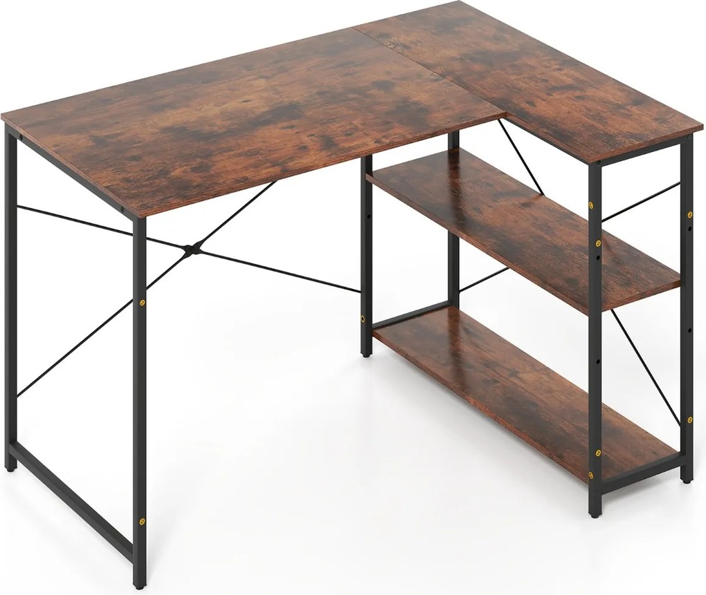 Secretária em forma de L com prateleira ajustável e estrutura metálica resistente 118 x 86 x 75 cm castanho e preto