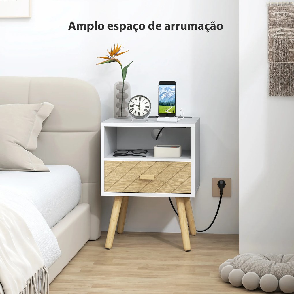 Mesa de Cabeceira com Estação de Carregamento Gaveta 2 Tomadas AC Porta USB e Tipo-C  40x35x54,7 cm Branco