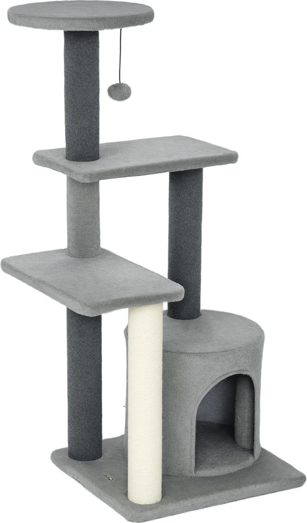 Arranhador para gatos com 103 cm de altura, plataformas, compartimentos abertos, casinha de peluche, bola de peluche, postes de sisal, base reforçada,