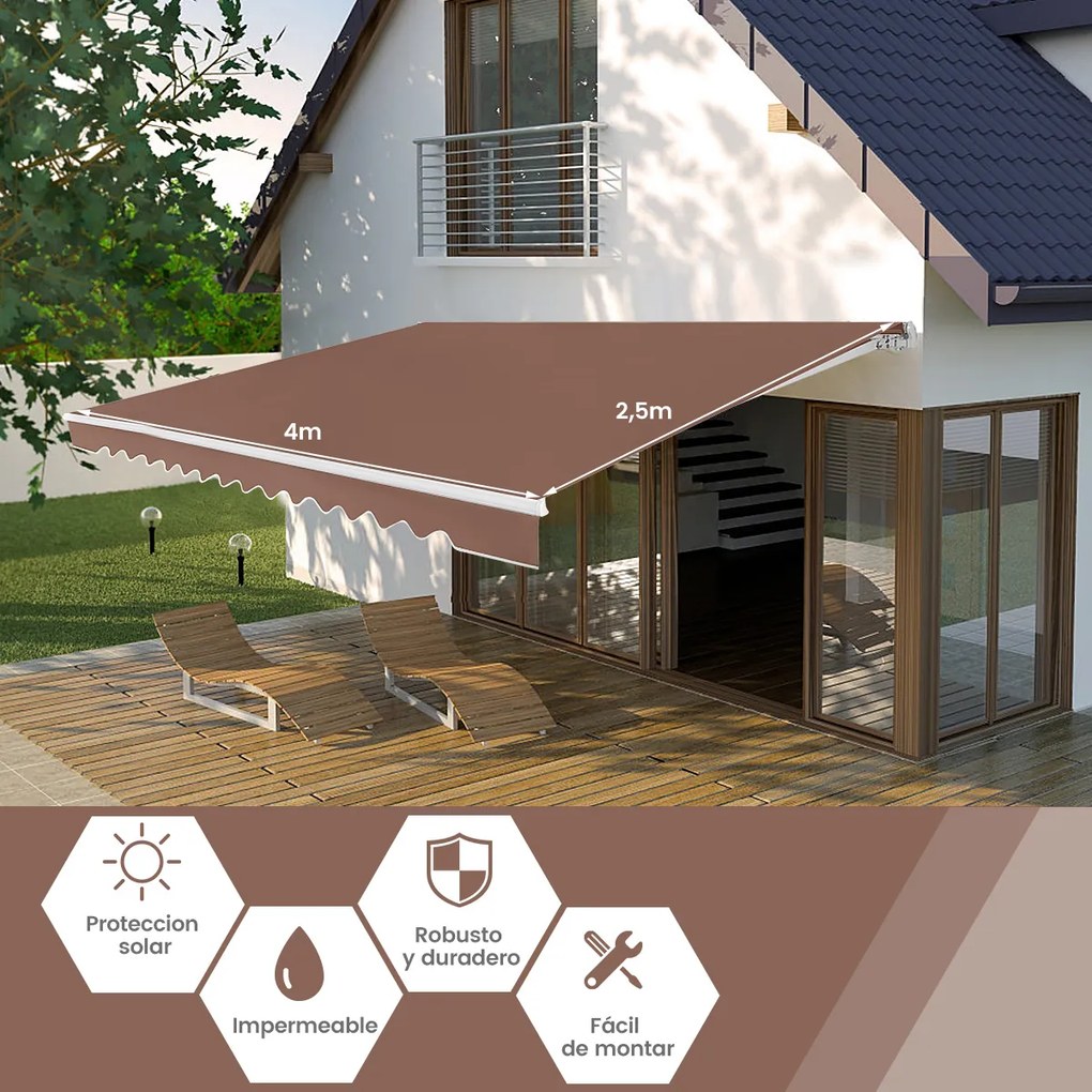 Toldo retrátil 4 x 2,5 m para varanda, terraço Cobertura em poliéster com manivela manual Estrutura em alumínio resistente Castanho