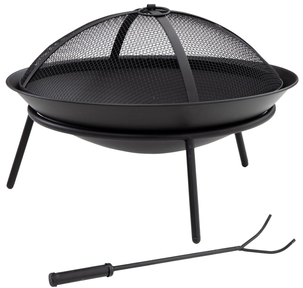 Outsunny Braseiro de Exterior Braseiro de Metal com Tampa Protetora de Faíscas e Atiçador para Varanda Campismo Ar Livre Ø47x33 cm Preto