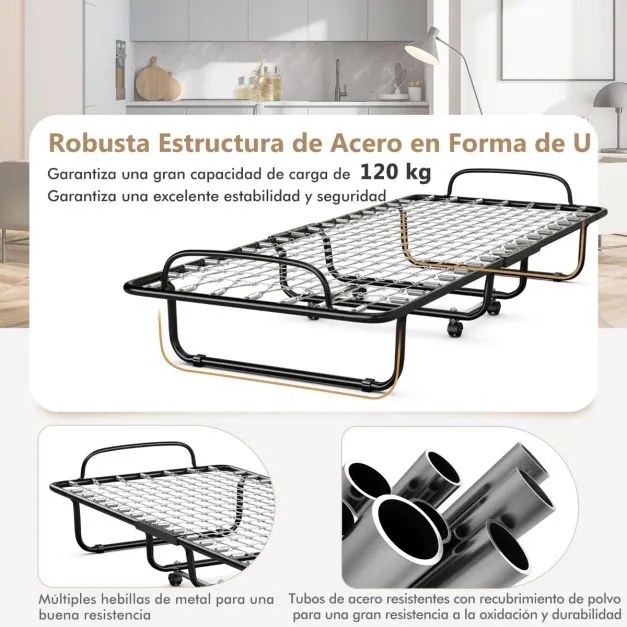 Cama dobrável com colchão de espuma viscoelástica Estrutura metálica 4 rodas Cama individual portátil