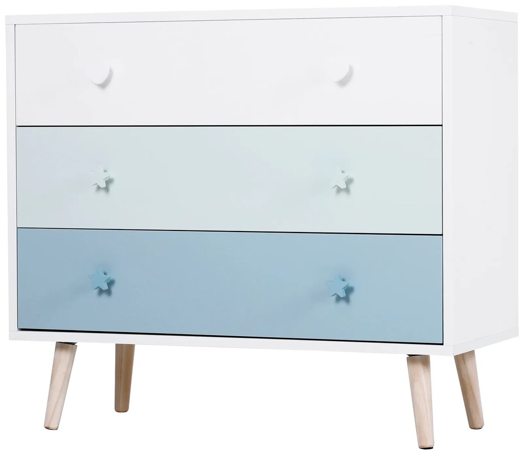 HOMCOM Cômoda Infantil com 3 Gavetas Ármario com Pernas de Madeira para Roupas ou Brinquedos de Pinho e MDF Cor Azul 90x42x80 cm
