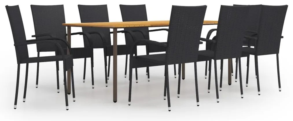 9 pcs conjunto de jantar para jardim vime PE preto
