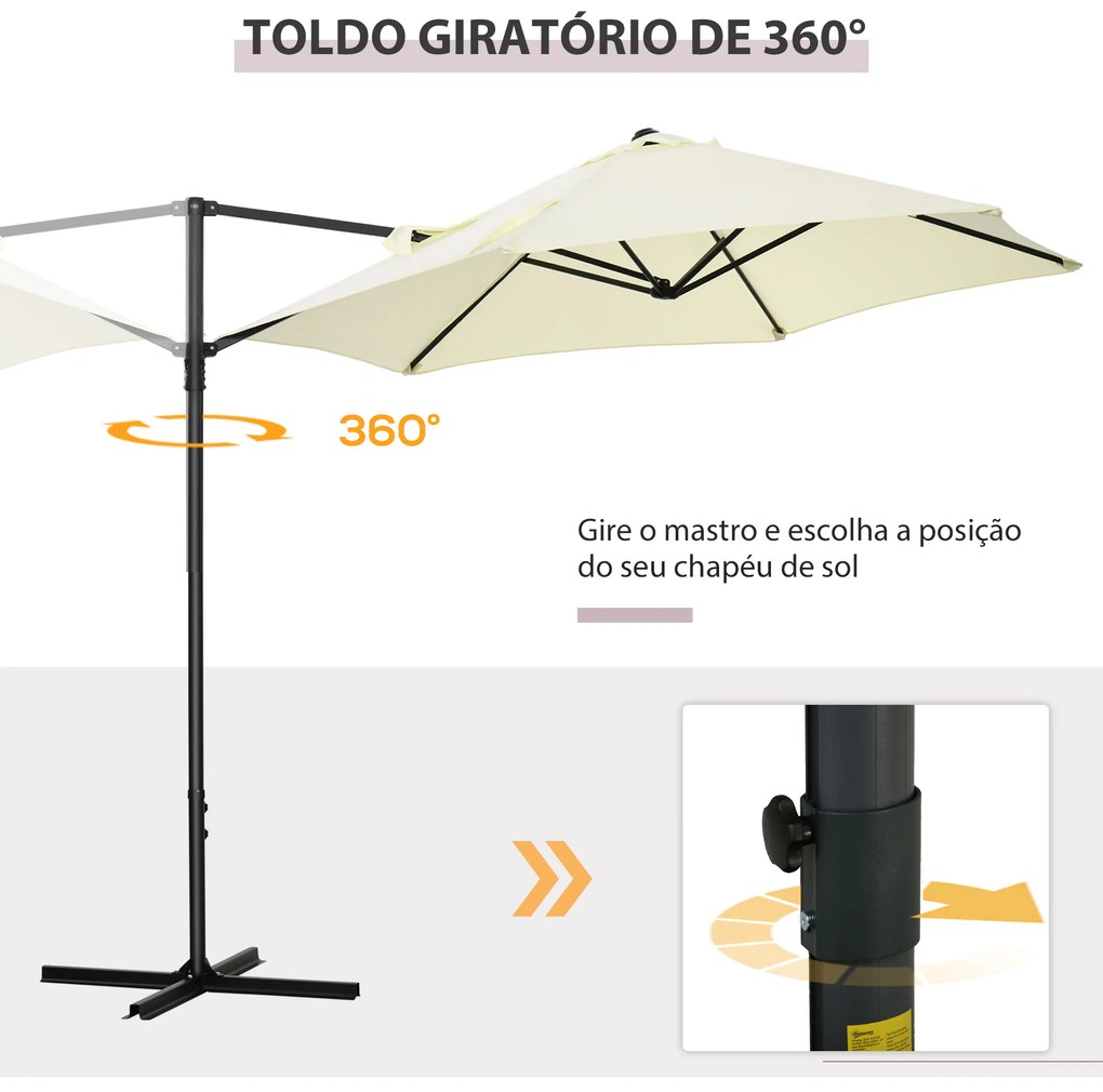Outsunny Chapéu de Sol de Jardim Ø256x245cm Chapéu de Sol Excêntrico Rotação 360° com Abertura Manual e Base Cruzada para Pátio Varanda Exterior Bege