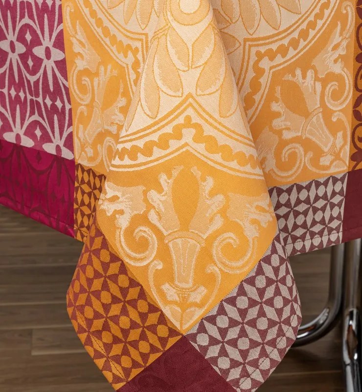 Toalhas de mesa anti nódoas 100% algodão - Lamego Fateba: Toalha de mesa dobrada - cor taupe com amarelo 1 Toalha de mesa 150x300 cm