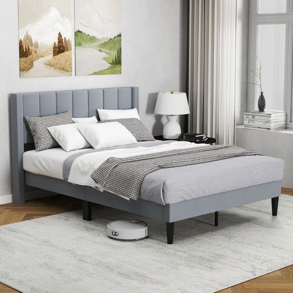 Estrutura de cama 211 x 155 x 105 cm com cabeceira estofada (COLCHÃO NÃO INCLUIDO) e estrado de ripas de madeira Cinza